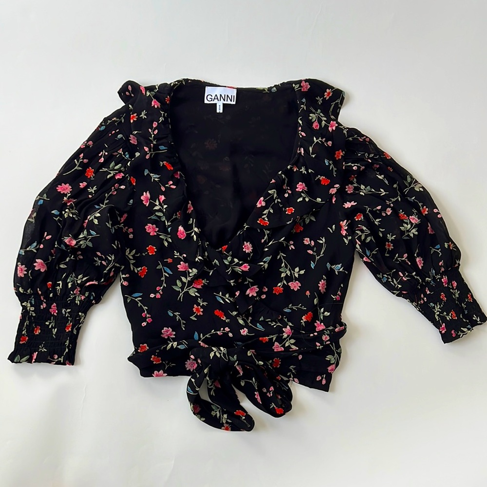 Ganni Paradise Elm Floral Georgette Wrap Blouse